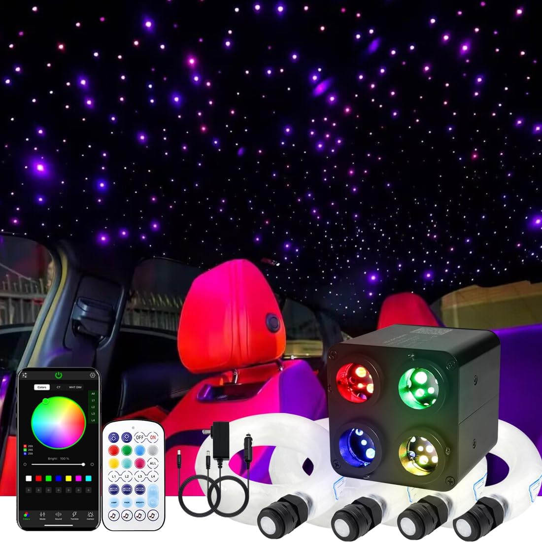 4 Colors 36W Twinkle Fiber Optic Starlight Headliner Kit with Bluetooth APP for Car Truck SUV