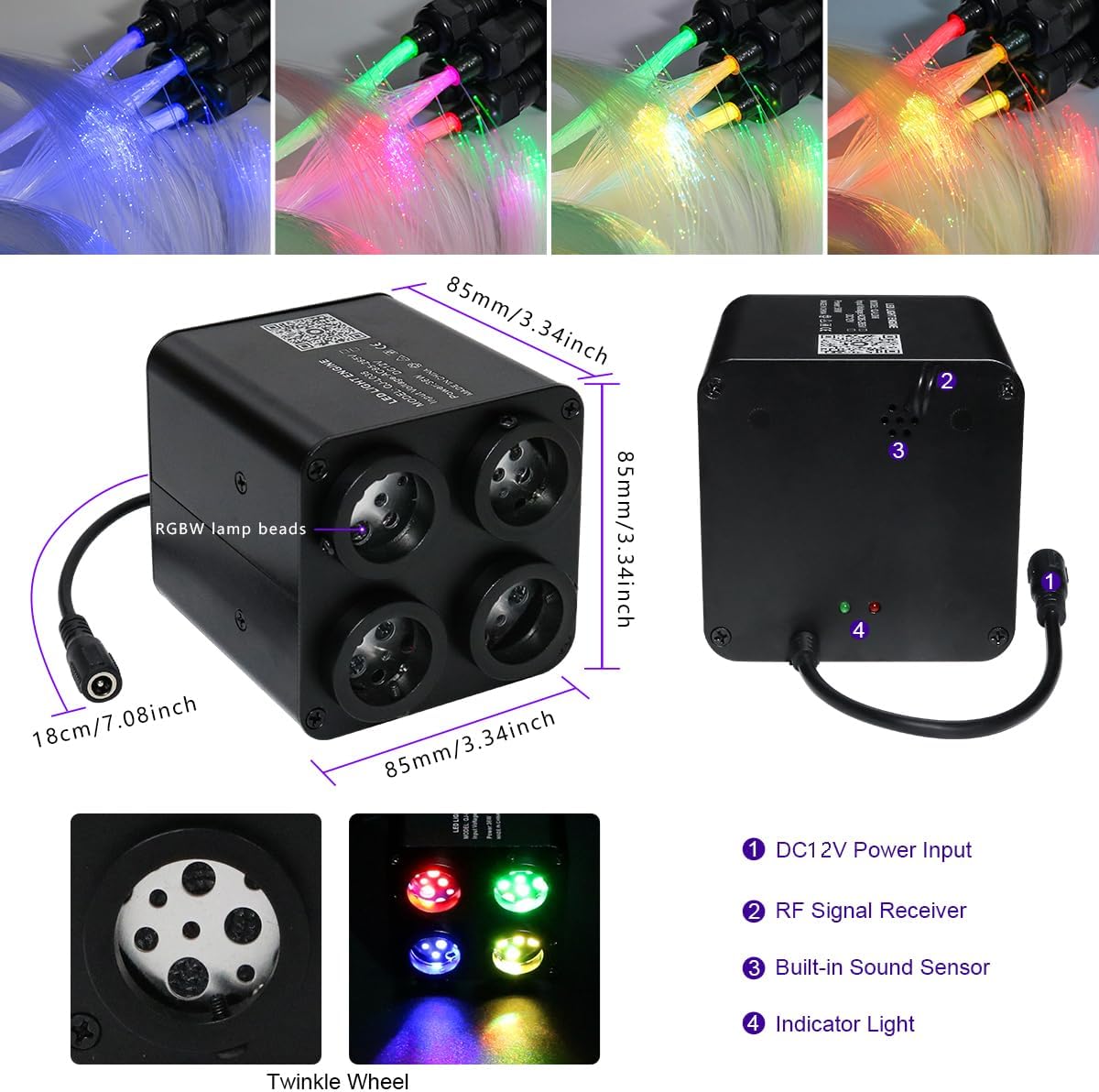 4 Colors 36W Twinkle Fiber Optic Starlight Headliner Kit with Bluetooth APP for Car Truck SUV