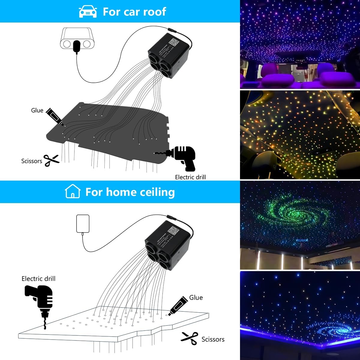 4 Colors 36W Twinkle Fiber Optic Starlight Headliner Kit with Bluetooth APP for Car Truck SUV