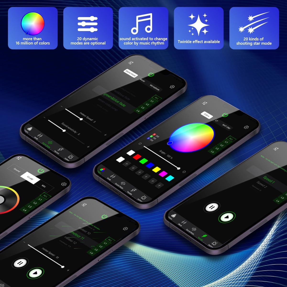 Bluetooth App for SANLI LED 2 in 1 Twink and Meteor 4 Color 36W RGBW Starlight Headliner Kits | Chinly.shop