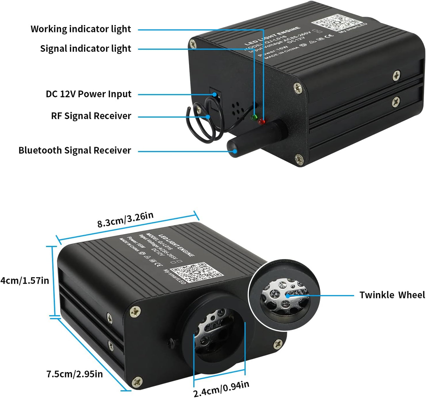 Dimension and Details for SANLI LED 16W Twinkle & RGBW LED Fiber Optic Light Box | Chinly.shop