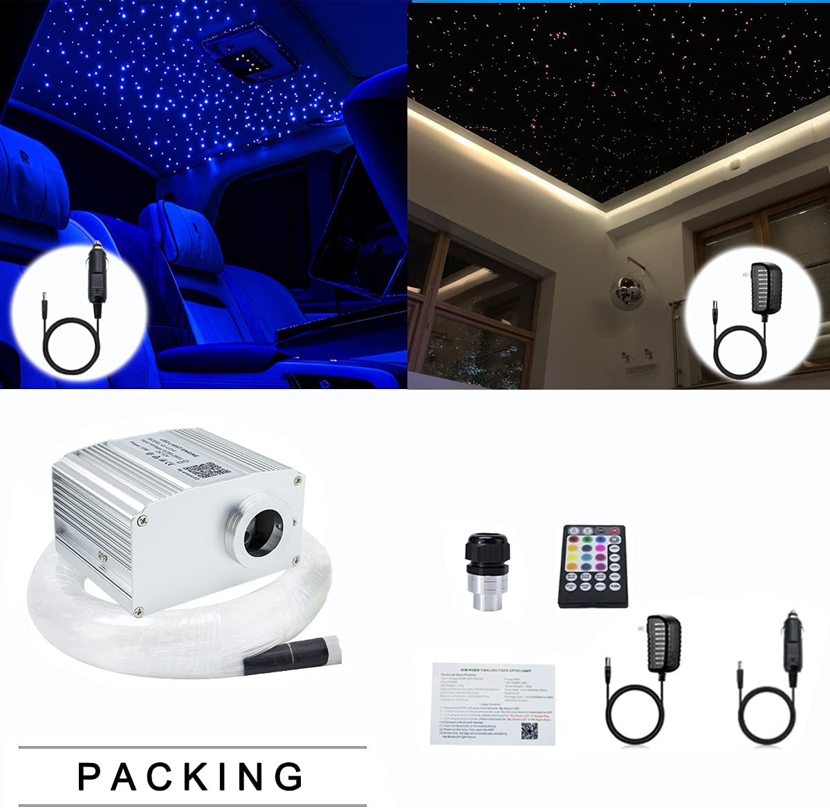 10W Twinkle RGBW Fiber Optic Star Headliner kit for Car with Bluetooth App/Remote Control & Music Activated