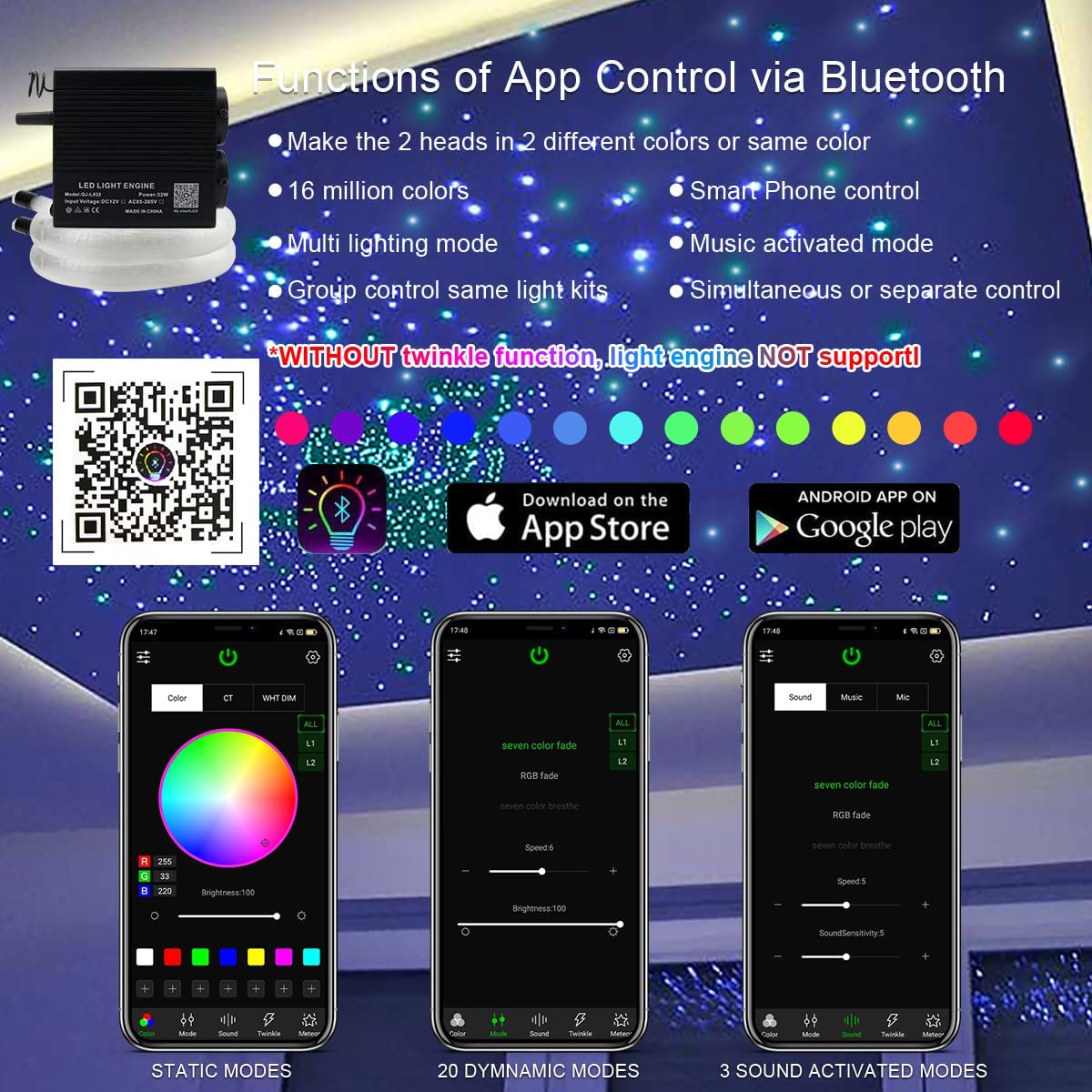 2*16W Dual Color Fiber Optic Star Ceiling Kit for Car Truck & Home Theaters with Bluetooth App/Remote Control