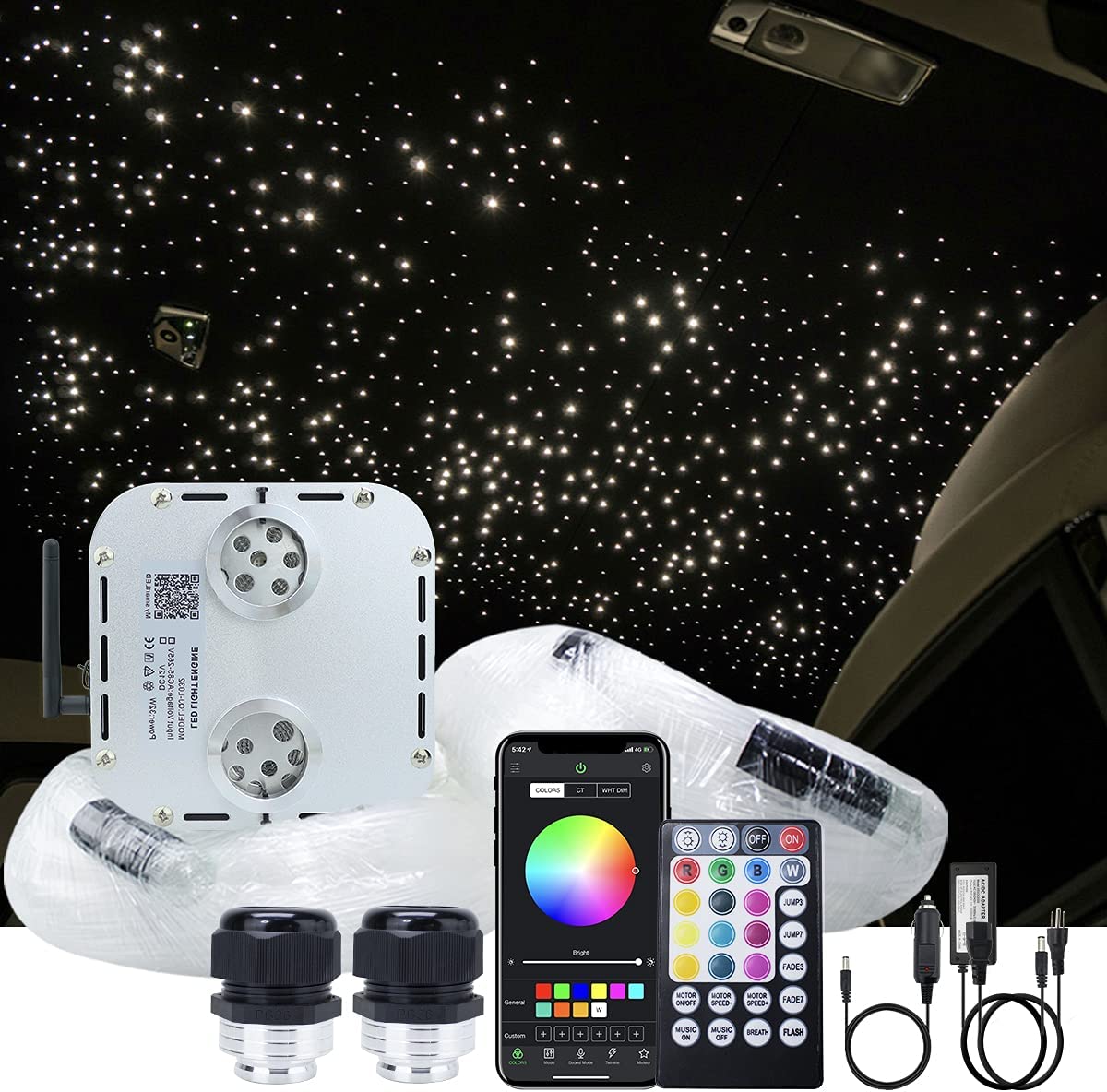 2*16W Dual Head Twinkle RGBW Fiber Optic Light Kit with Bluetooth App/Remote Control for Car Truck & Home Theaters | RollsRoyceStarRoofLights.com