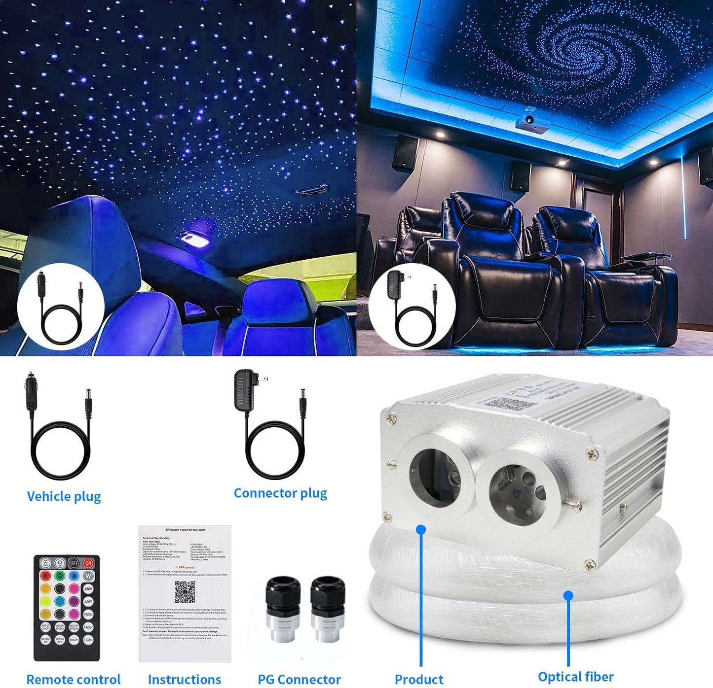 2*8W Twinkle RGBW Fiber Optic Ceiling Lights for Car Truck with Bluetooth App/RF Control
