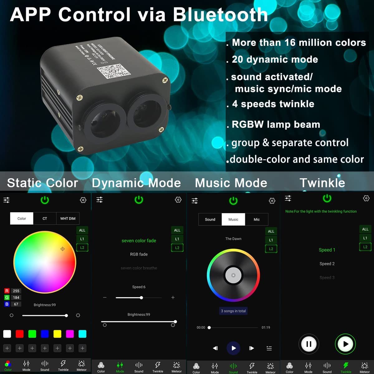 Smart Dual Color 2*10W Bluetooth Twinkle Rolls Royce Ceiling Star Lights with RGB Shooting Stars for Car Truck's Headliner