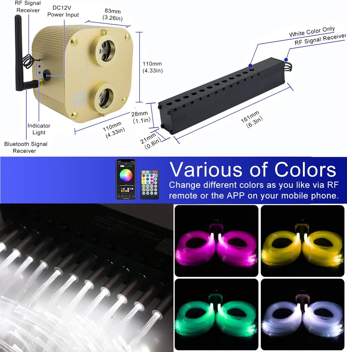 2*10W Dual Head Twinkle RGBW Fiber Optic Star Light Headliner kit for Car Truck SUV & Boat Yacht with Bluetooth/Remote Control