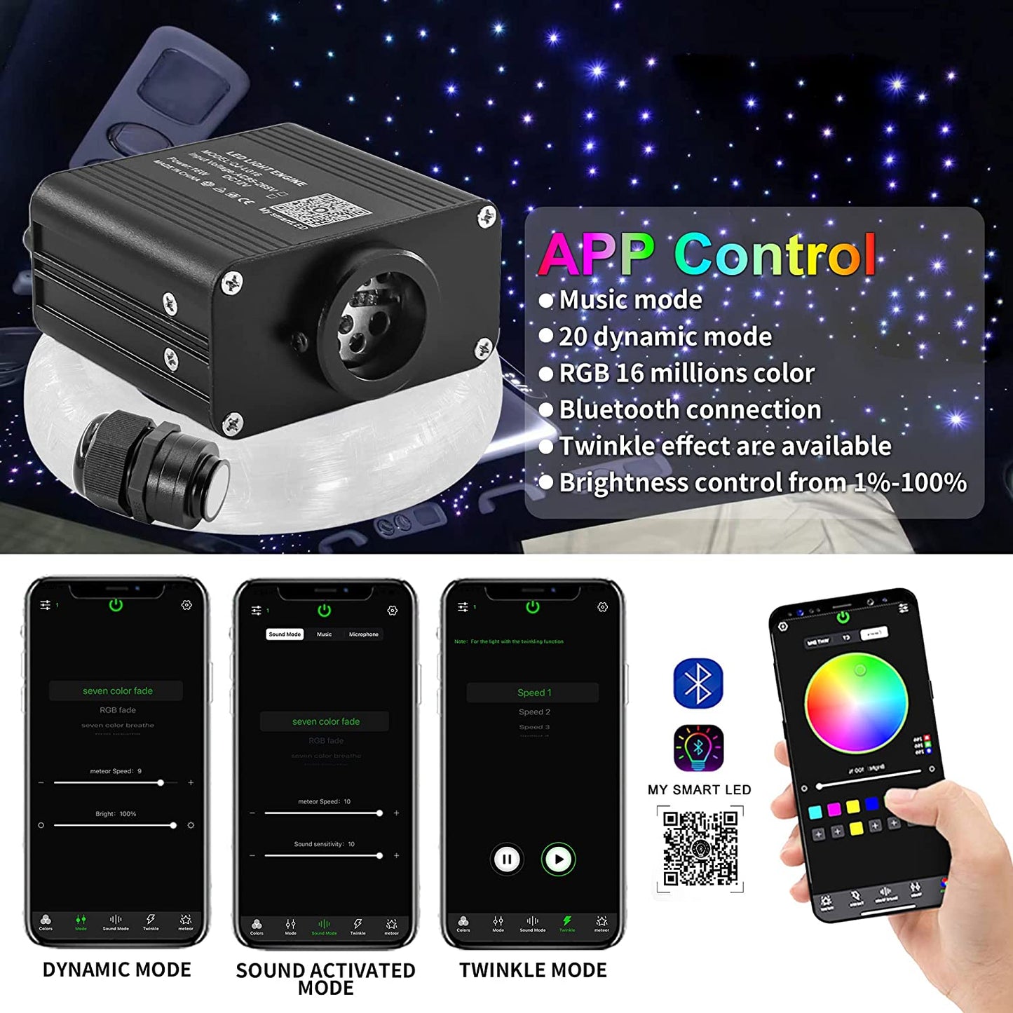 Smart 16W Rolls Royce Star Roof Lights for Car Truck SUV with Bluetooth App/Remote Control