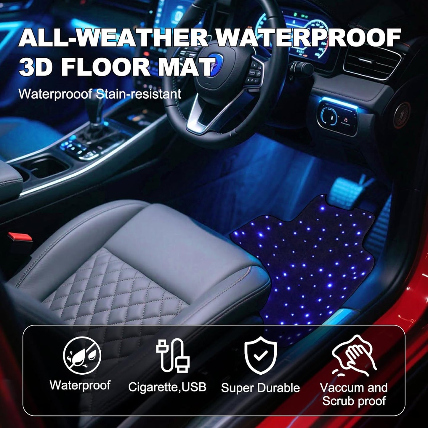 SANLI LED 4pcs RGBW Starlight Car Floor Mats with APP Control & Remote Control for Car Truck SUV. Universal Fit Starlight Car Mats - Waterproof Washable