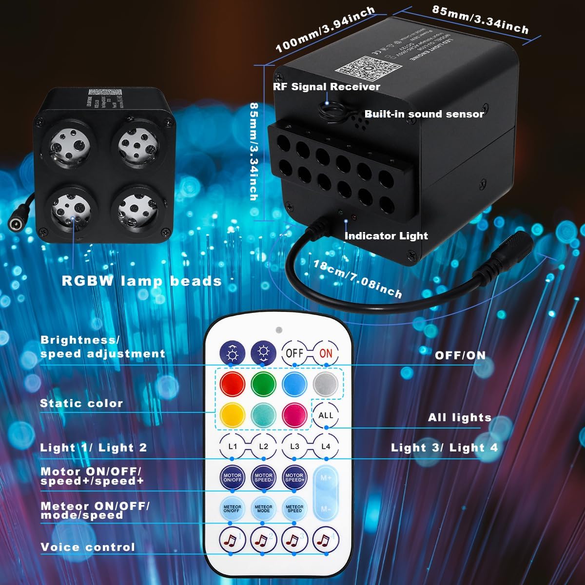 2 in 1 Twink and Meteor 4 Color 36W RGBW Starlight Headliner Kit for Car Truck & Home Theaters
