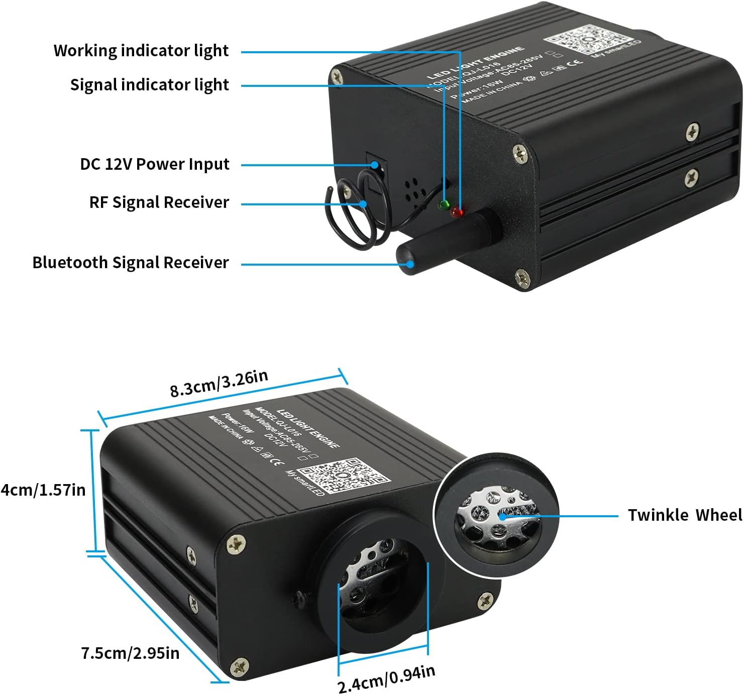 Dimension and Details for SANLI LED 16W Twinkle & RGBW LED Fiber Optic Light Box | Chinly.shop