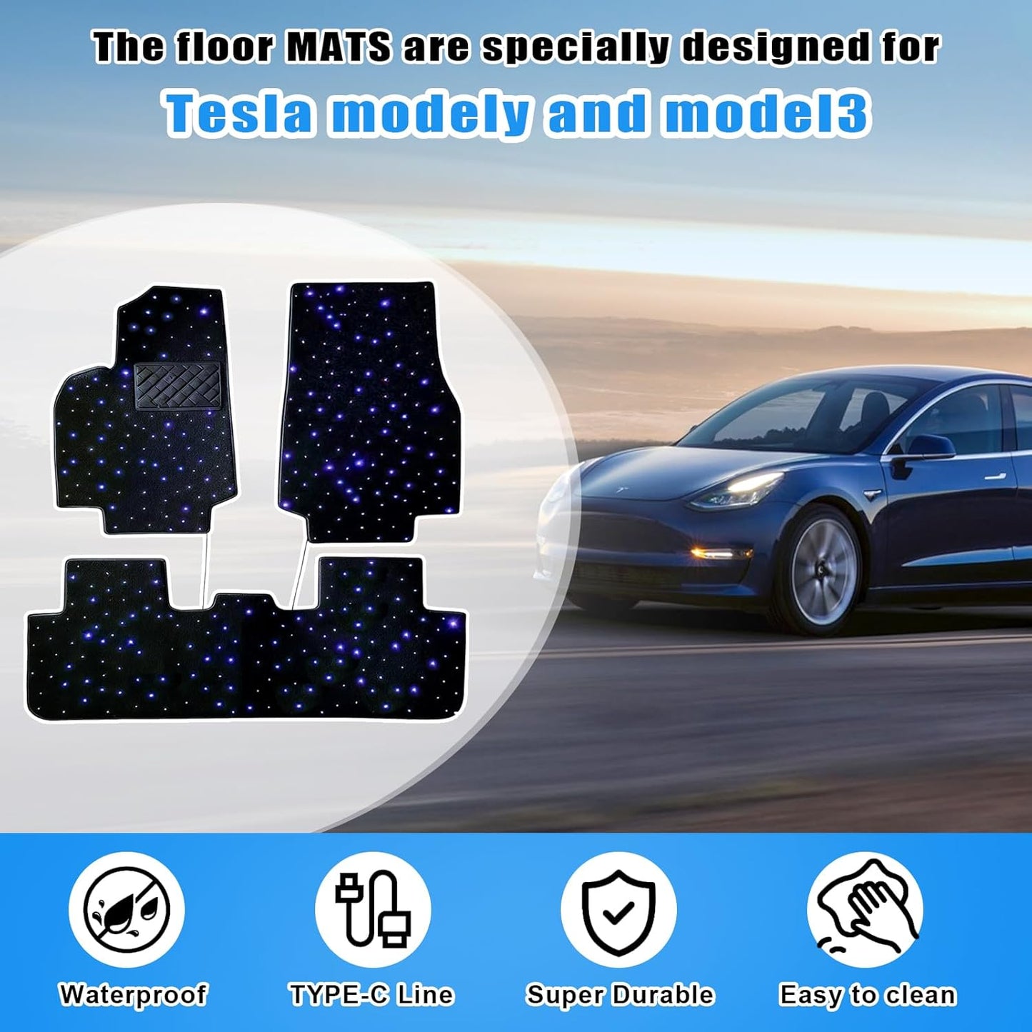 SANLI LED Waterproof Washable RGBW Tesla Starlight Car Mats with APP Control & Remote Control. Only for Tesla Model Y & Tesla Model 3  Car | Chinly.shop