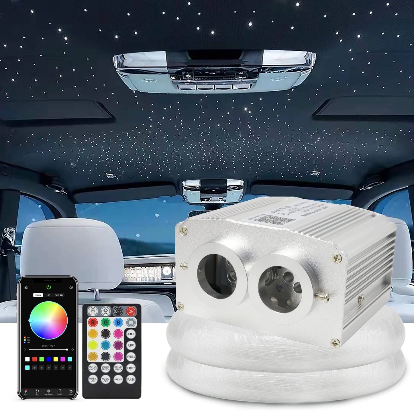 2*8W Twinkle RGBW Fiber Optic Ceiling Lights for Car Truck with Bluetooth App/RF Control | RollsRoyceStarRoofLights.com