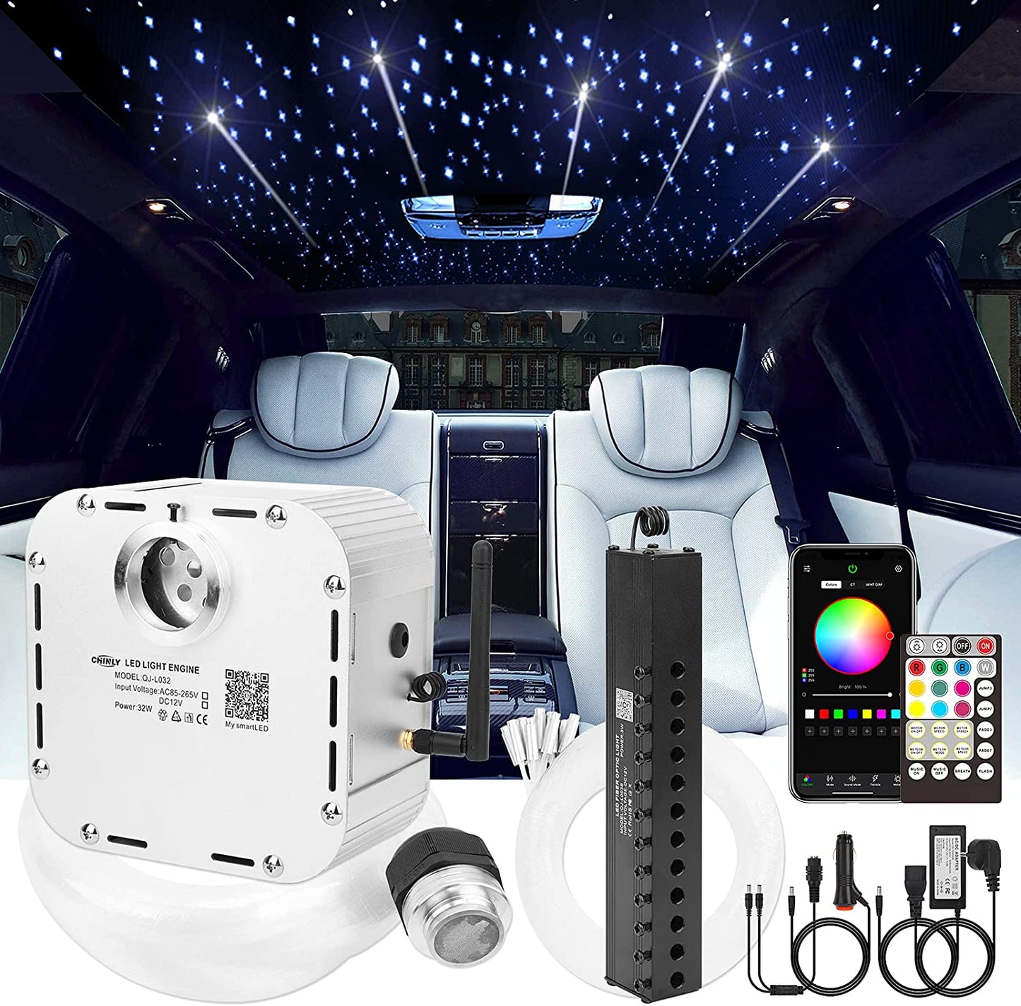32W RGBW Twinkle Fiber Optic Lights with Shooting Starsfor Car Truck & Home Theater with Bluetooth App & Sound Control | RollsRoyceStarRoofLights.com